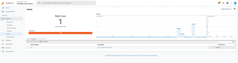 Google Analytics live events tab